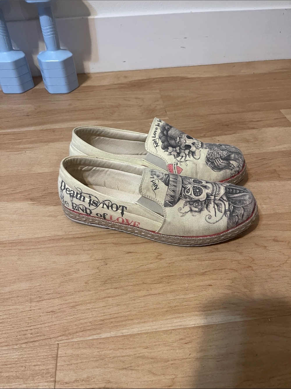 Goby Canvas Slip-On Shoes with Skull & Script Graphic - Cream